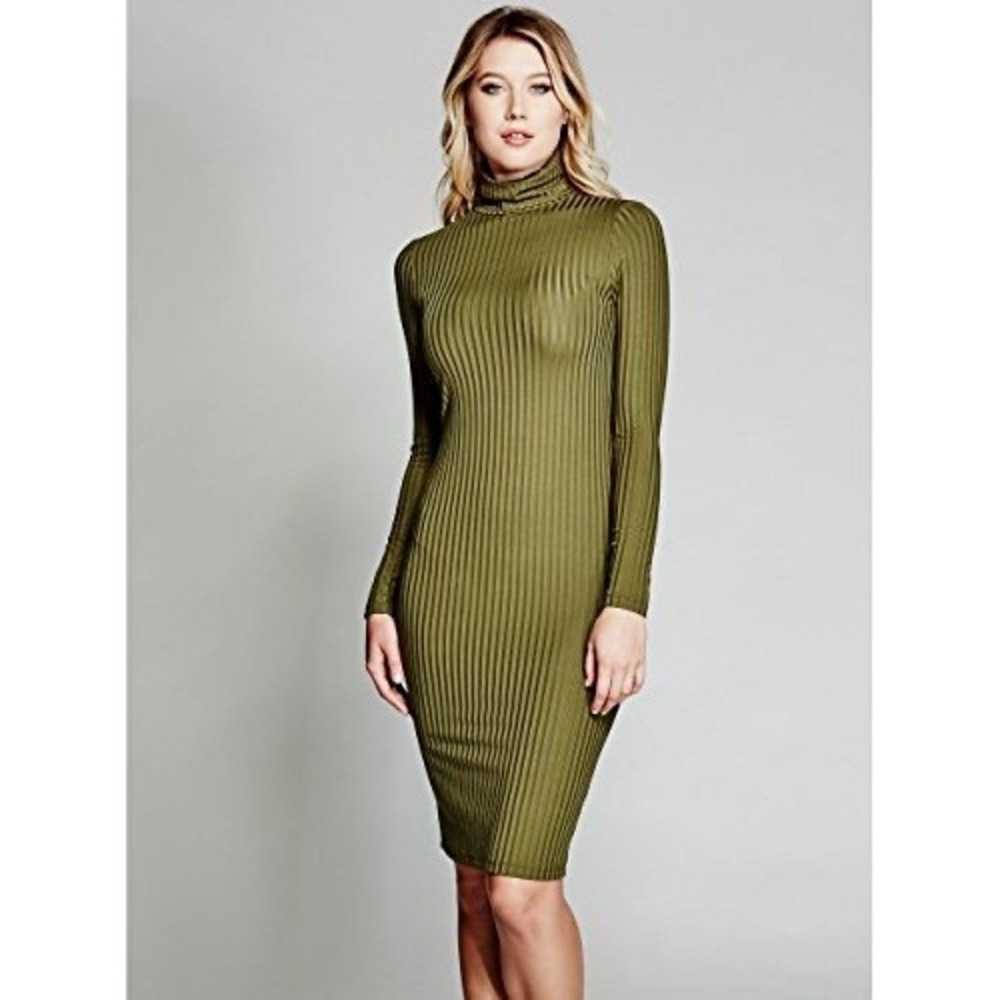 GUESS Marciano Olive Green‎ Ribbed Turtleneck Long Sleeve Bodycon Dress